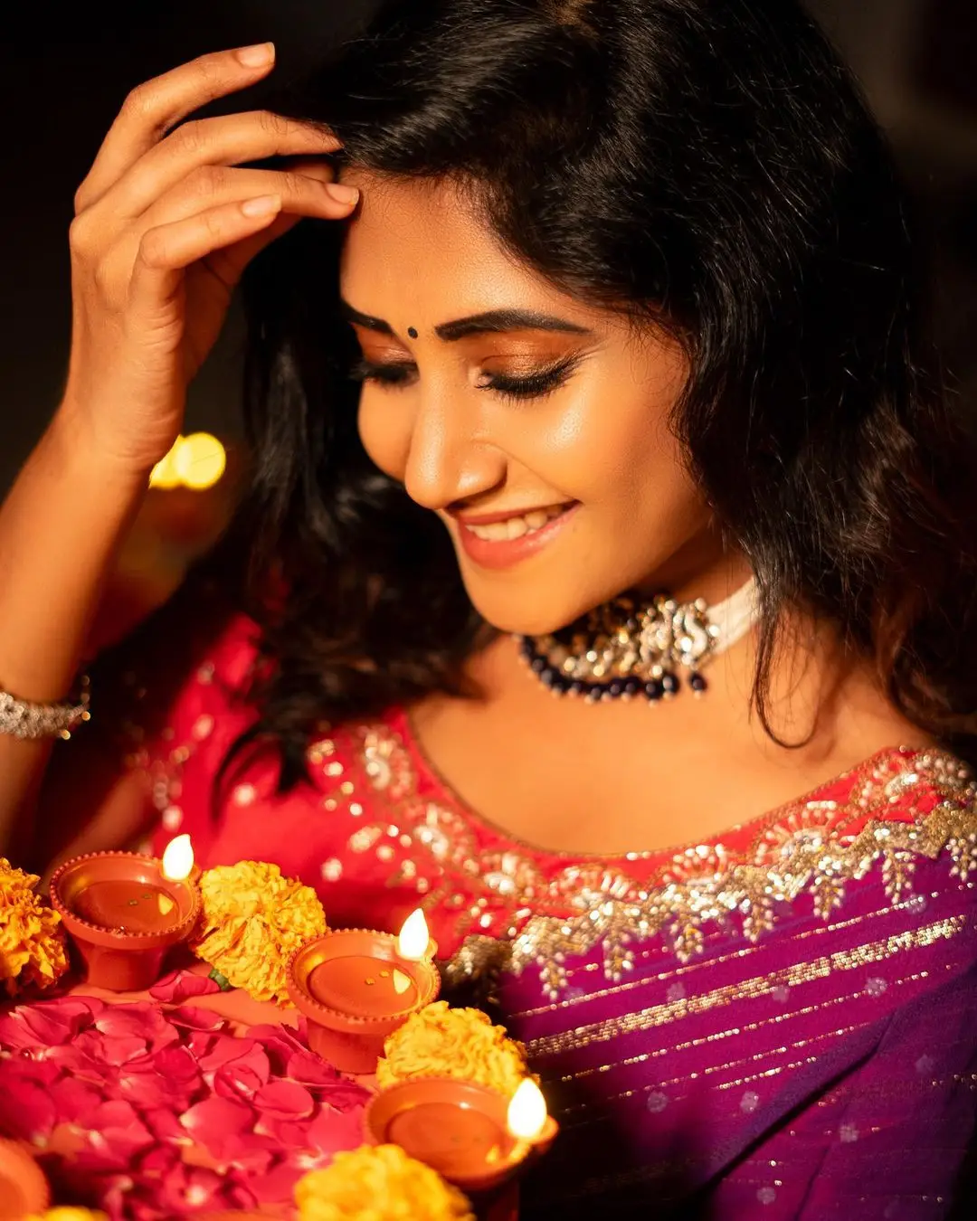 Vasanthi Krishnan Wearing Traditional Violet Saree Blouse